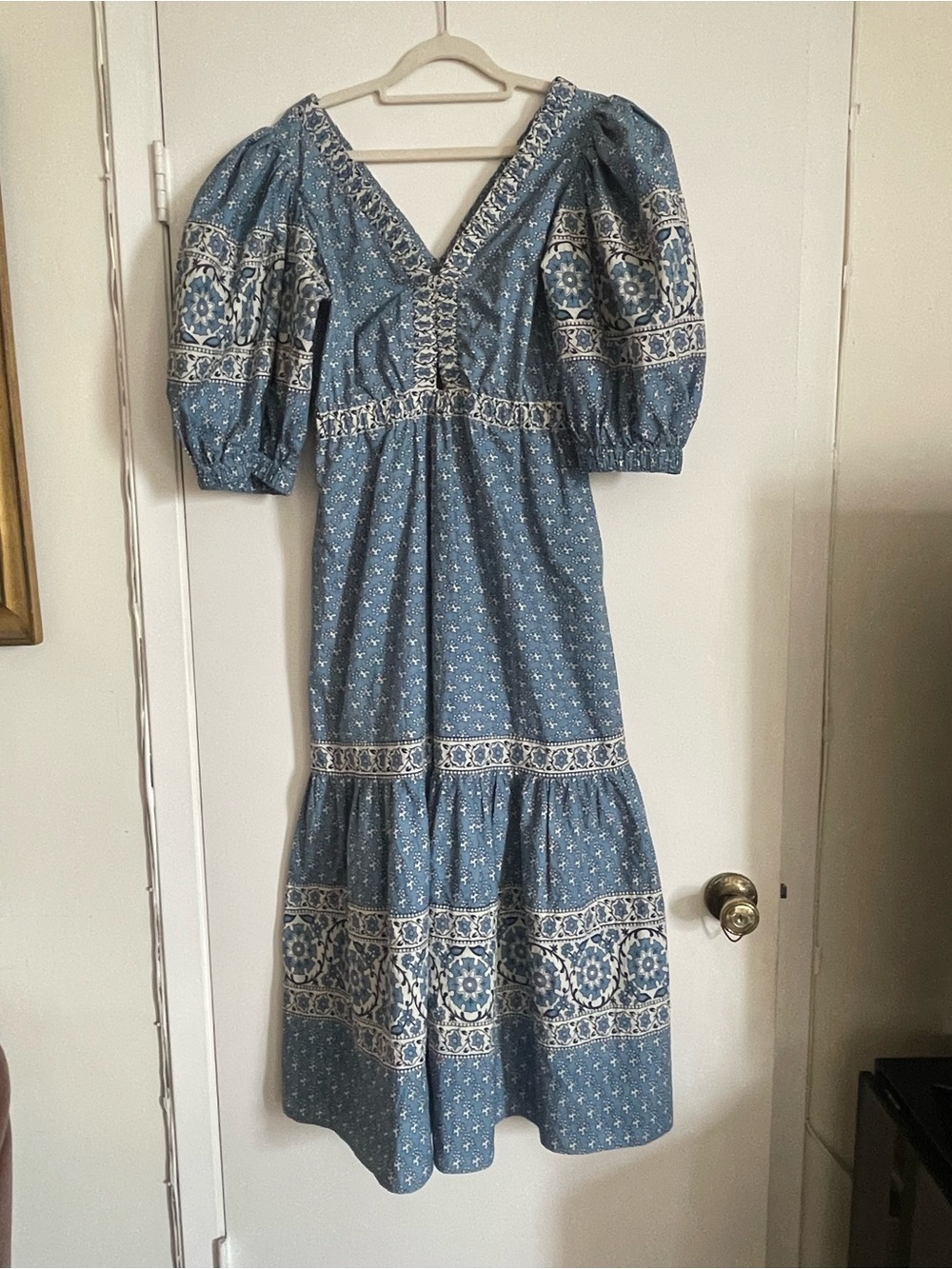 Sea New York Blue Printed Midi Dress with Puff Sleeves